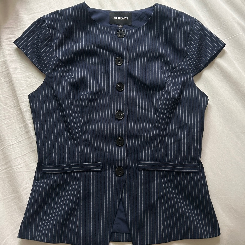 All The Ways Navy Pinstripe Sleeve Button Front Top Size S